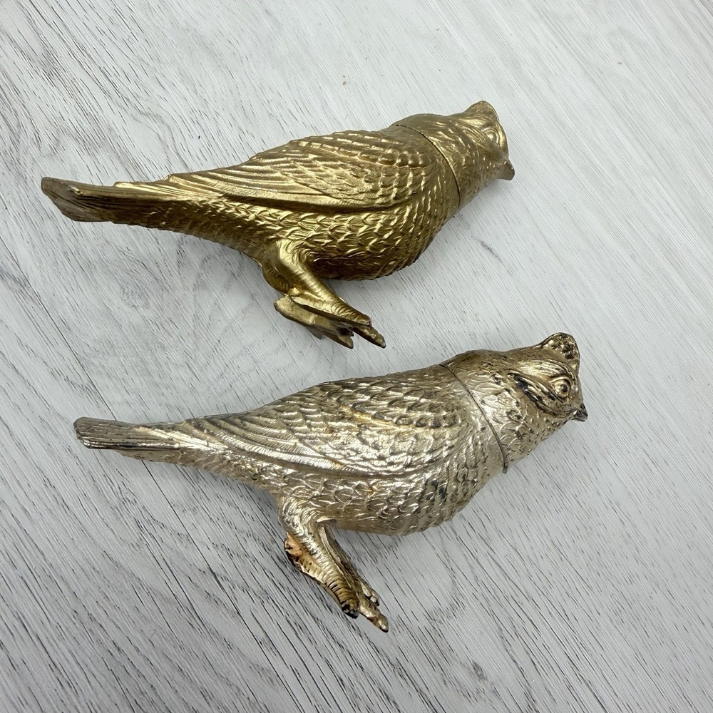 Metal Quail Salt Pepper Shakers Figural Brass Gold Silver Patina Set